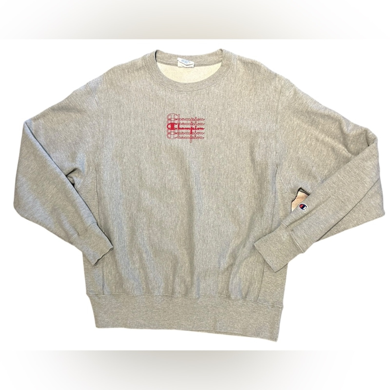 Champion Reverse Weave Gray Sweatshirt with Red Logo Adult Large