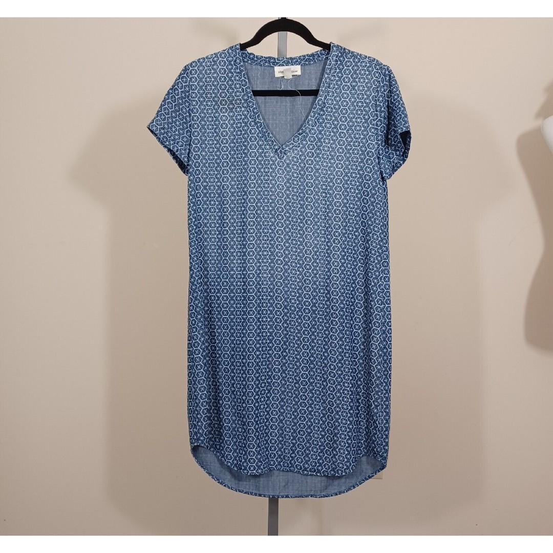 Anthropologie Cloth & Stone Acid Wash Chambray Sleeveless Geometric Pockets XS