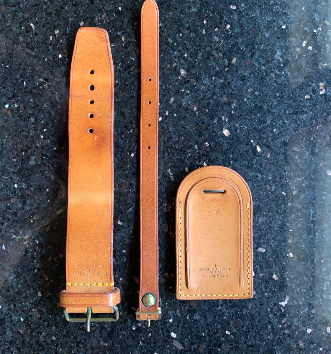 Louis Vuitton 3 pc luggage bag tag set. Strap poignet leather