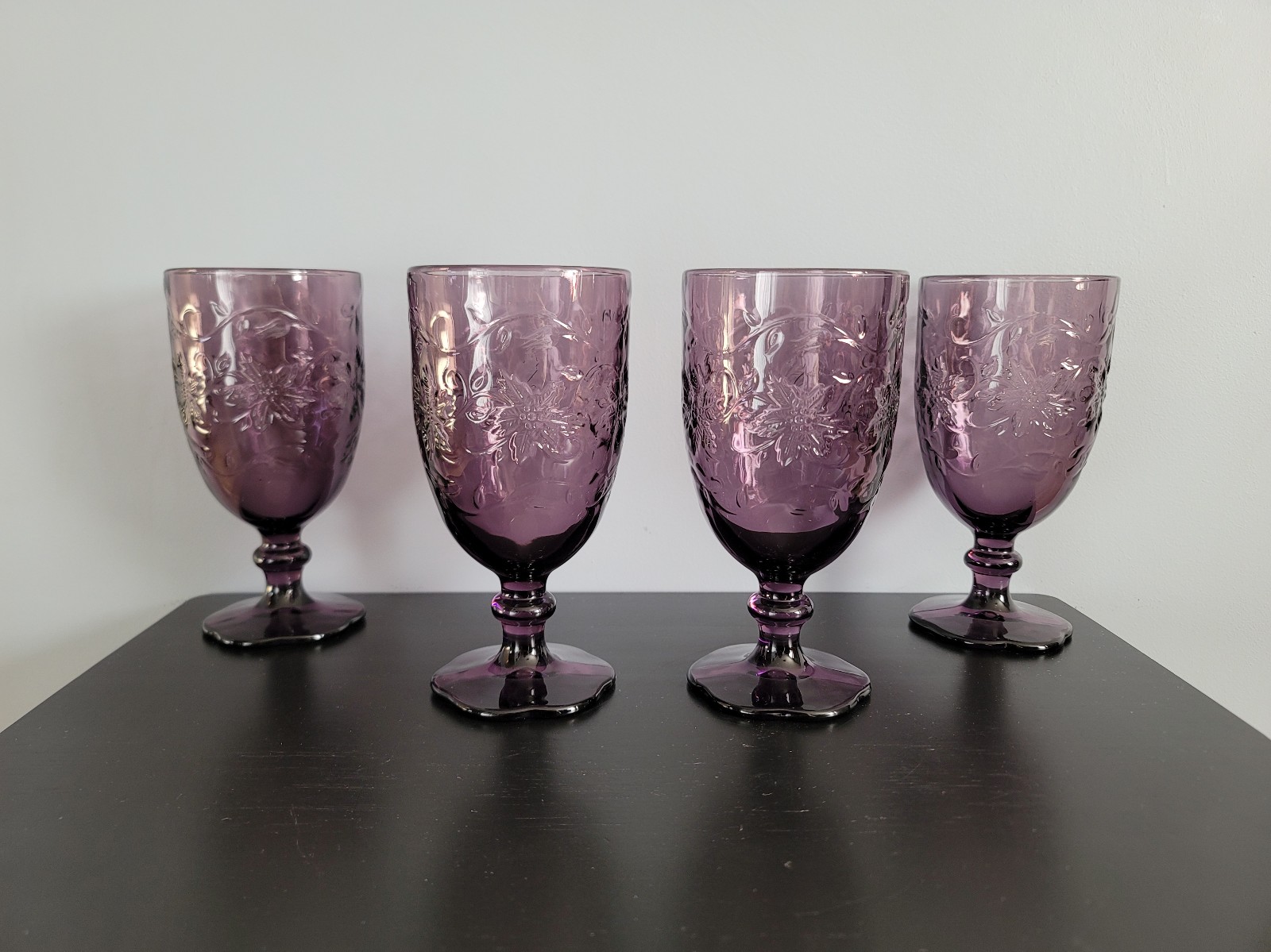 Set of 4 Princess House Fantasia Floral Amethyst Purple Glass Iced Tea Goblets