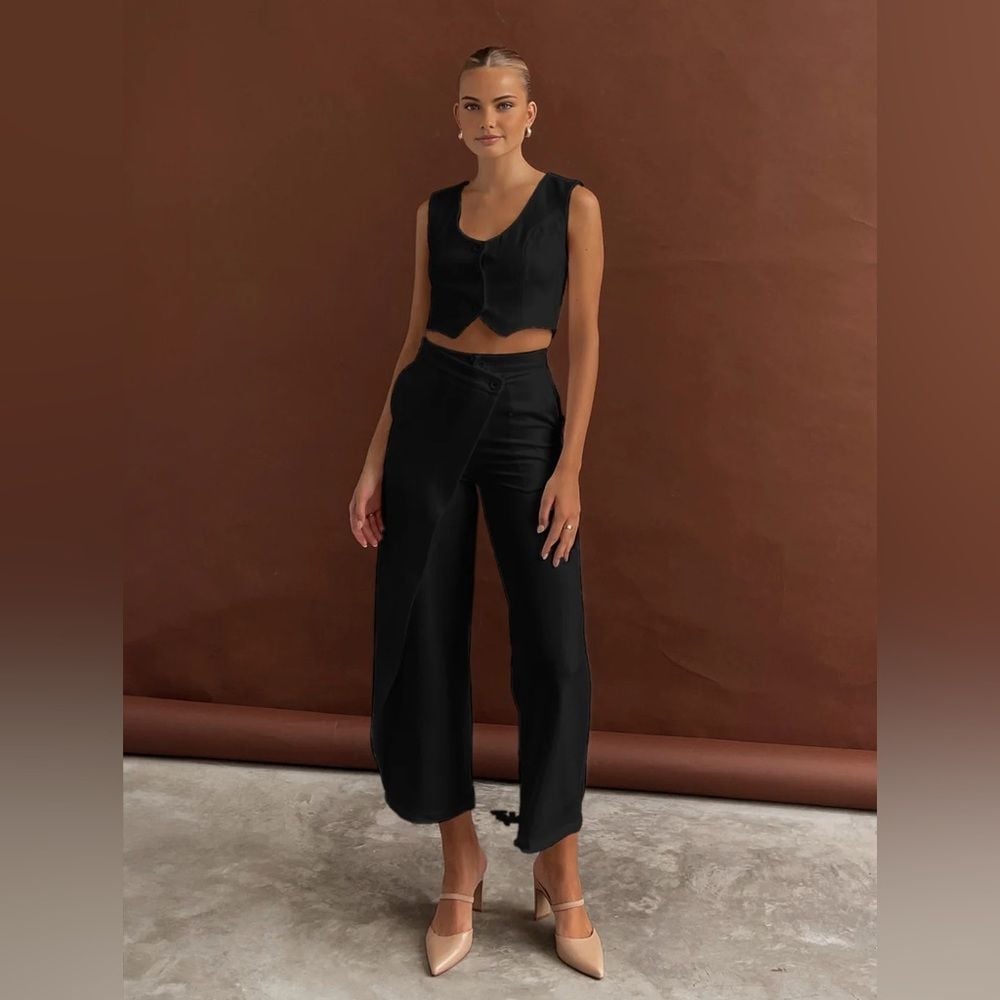 Solid Asymmetrical Straight Leg Pants Set