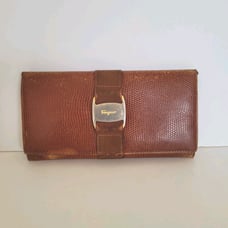 Salvatore Ferragamo Vara Wallet Leather Croc Embossed Brown Large Envelope Logo