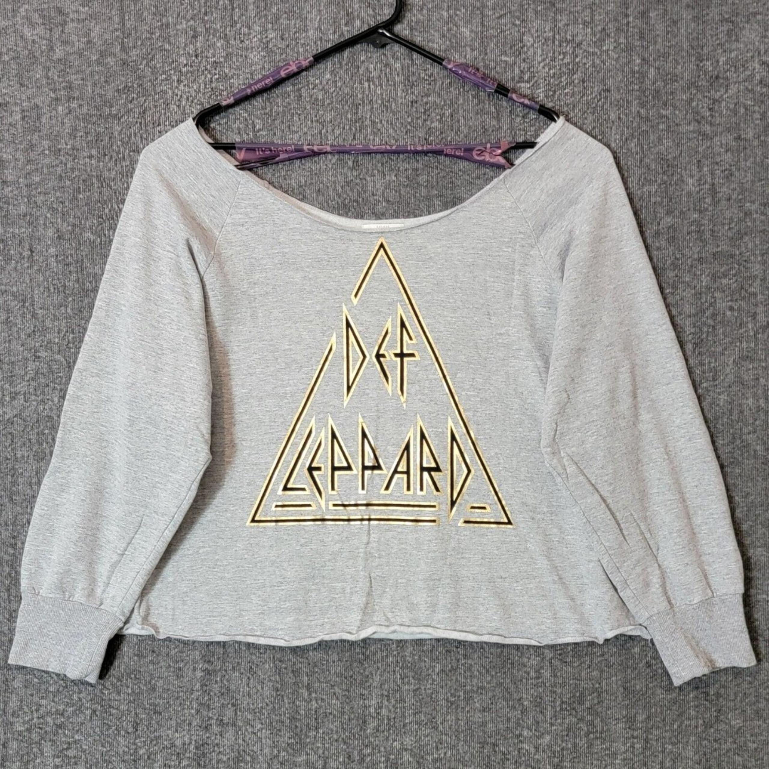 Lucky Brand Sweatshirt Womens Large Gray Def Leppard Long Sleeve Crop Top