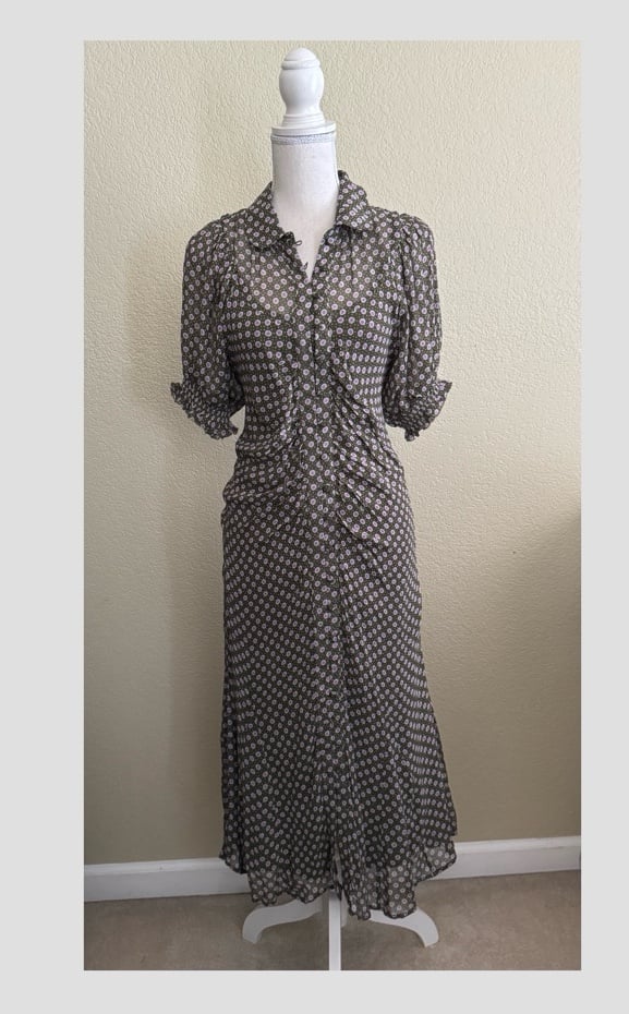 Anthropologie Puff-Sleeve Ruched Mesh Midi Dress in Moss Size : 8