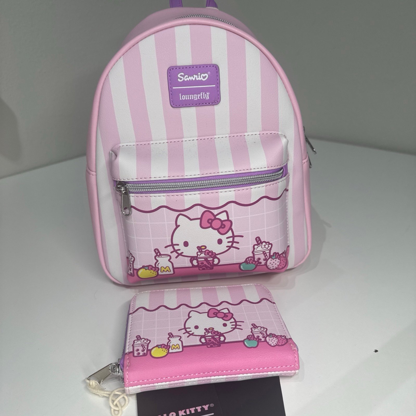 NWT Loungefly Hello Kitty Sweets Pink Stripe Mini Backpack W/ New Wallet