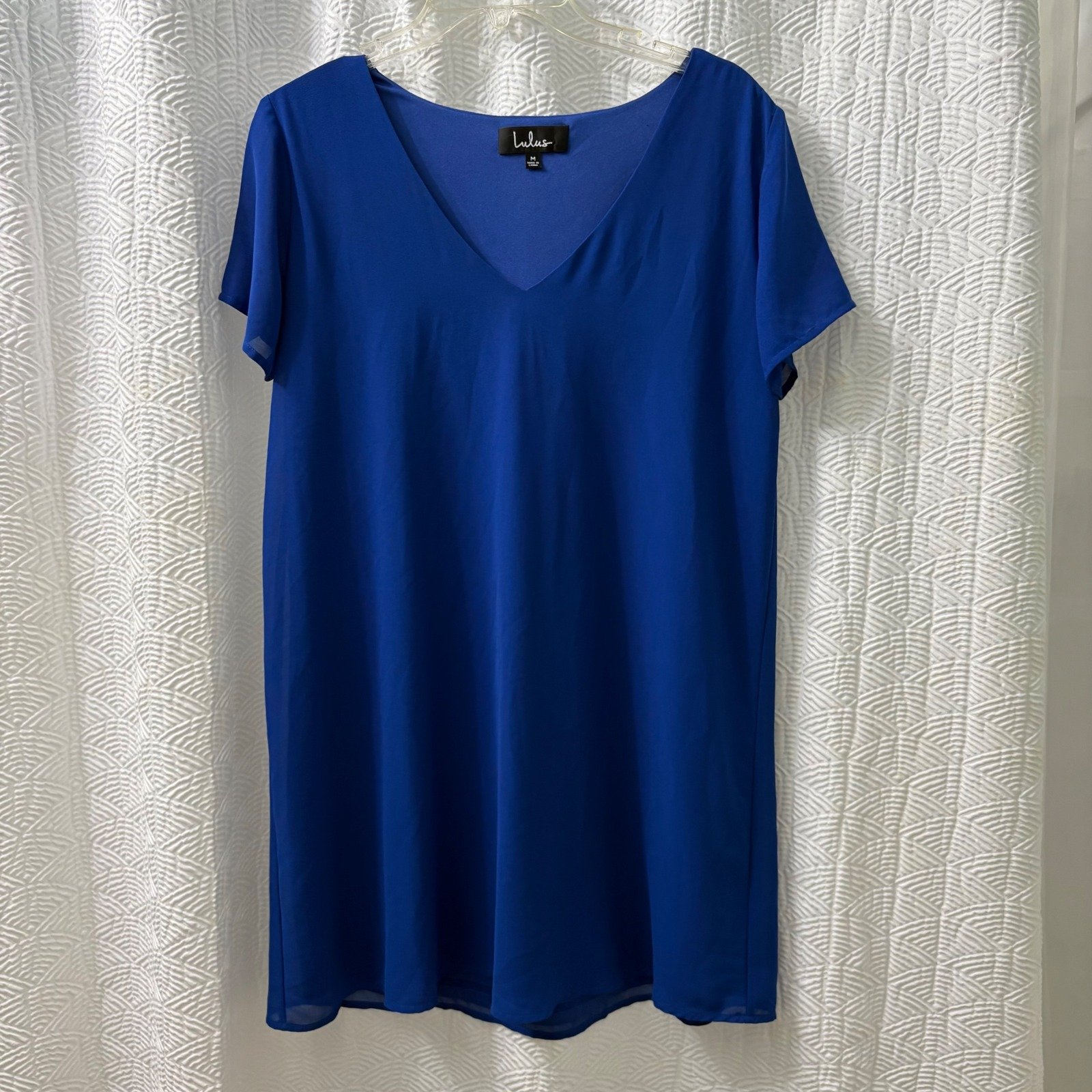 Lulus Royal Blue Sheer Shift Dress V-Neck Short Sleeve Casual Medium