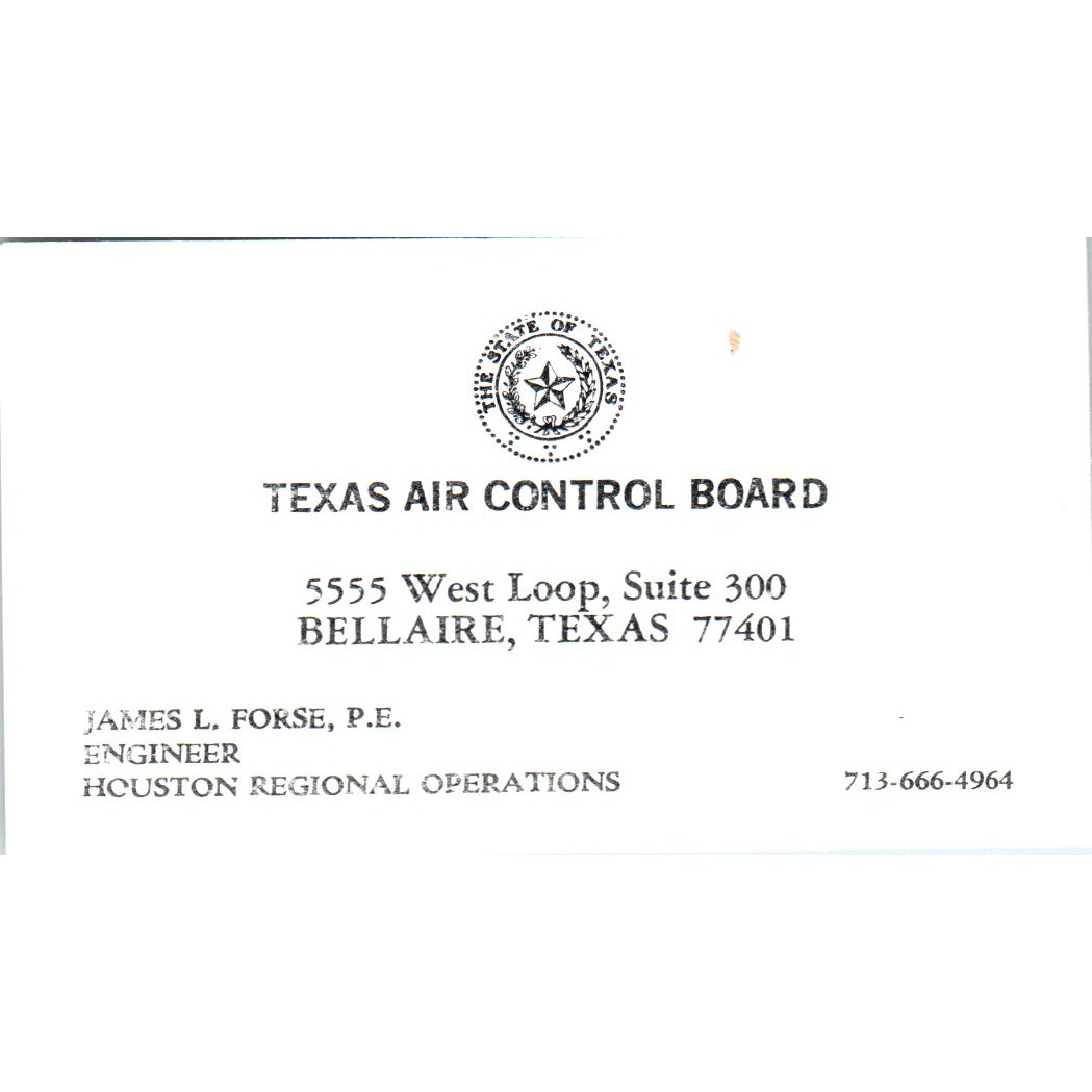 James L. Forse P.E. Texas Air Control Board Bellaire TX Vtg Business Card SD4-B1