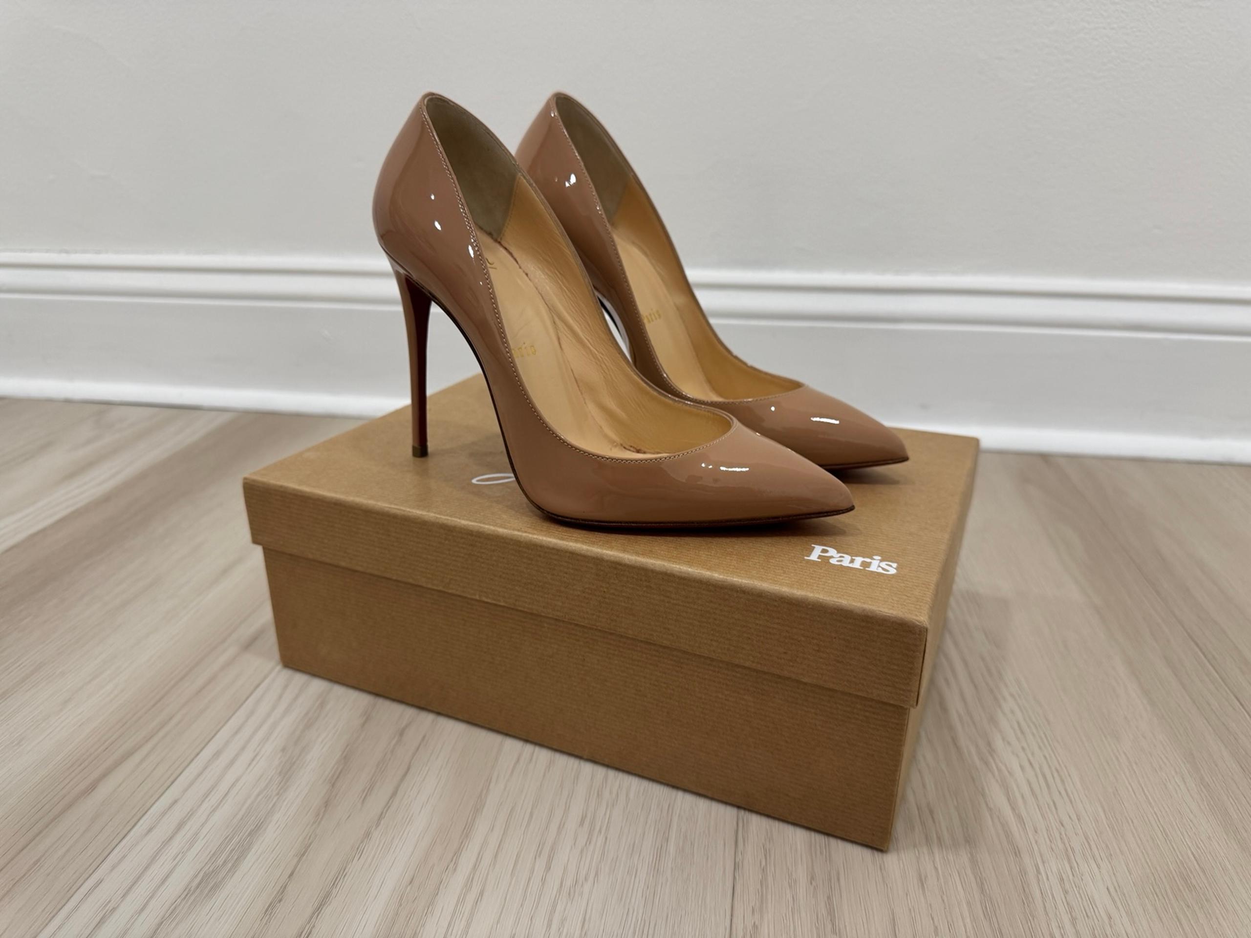 Christian Louboutin Pigalle Follies 100 Pump Heels Patent Calf Leather Nude 36.5