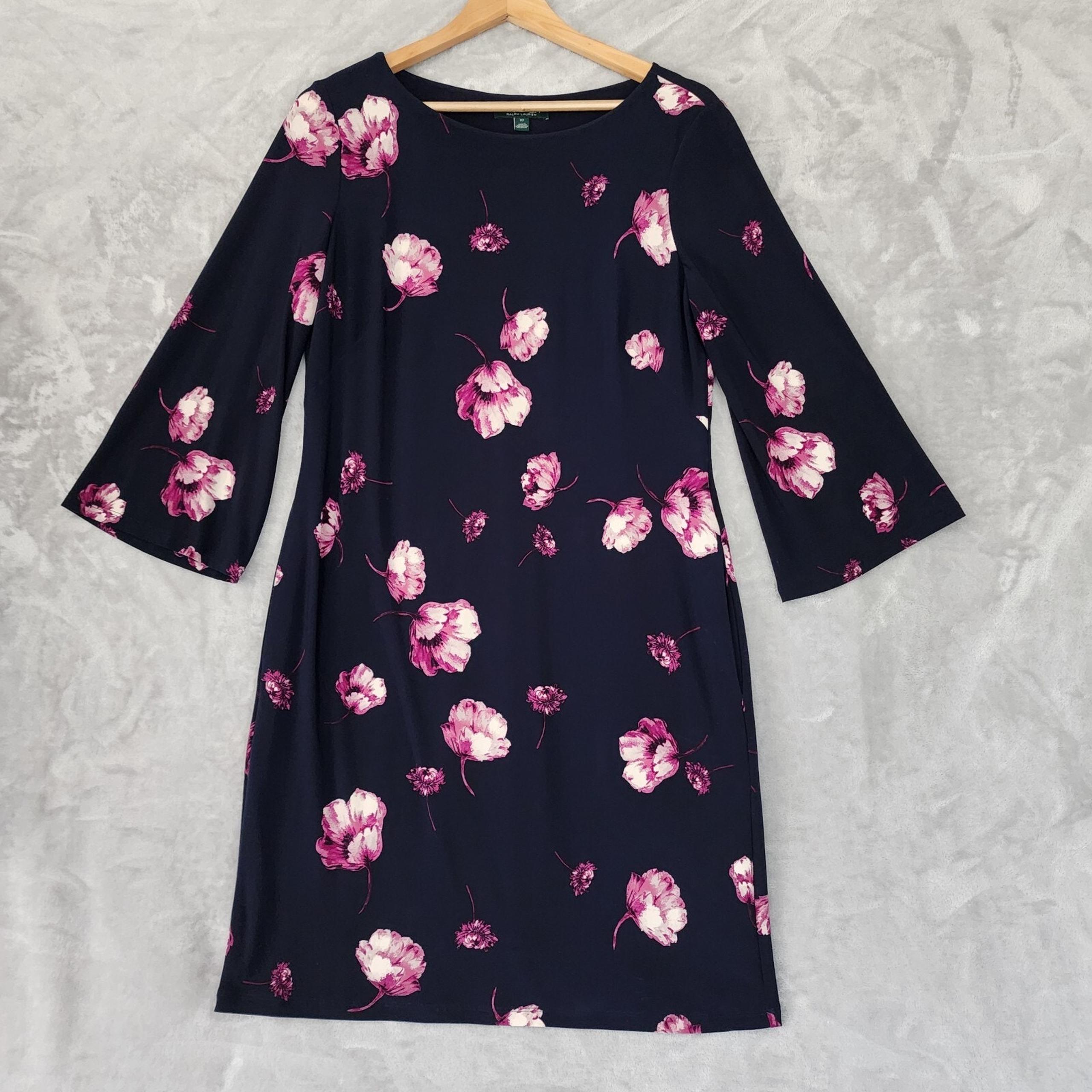 Lauren Ralph Lauren Dress Womens 10 Navy Floral Flare Sleeves Stretch Pockets