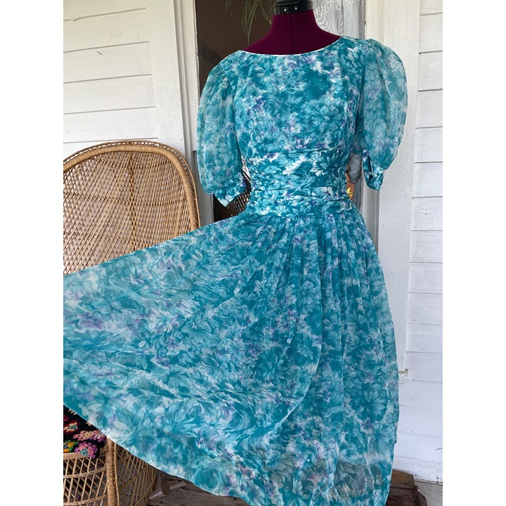 Vintage 1950d Floral Blue Dress With Puff Sleeves Tulle Puff Skirt Sz Small
