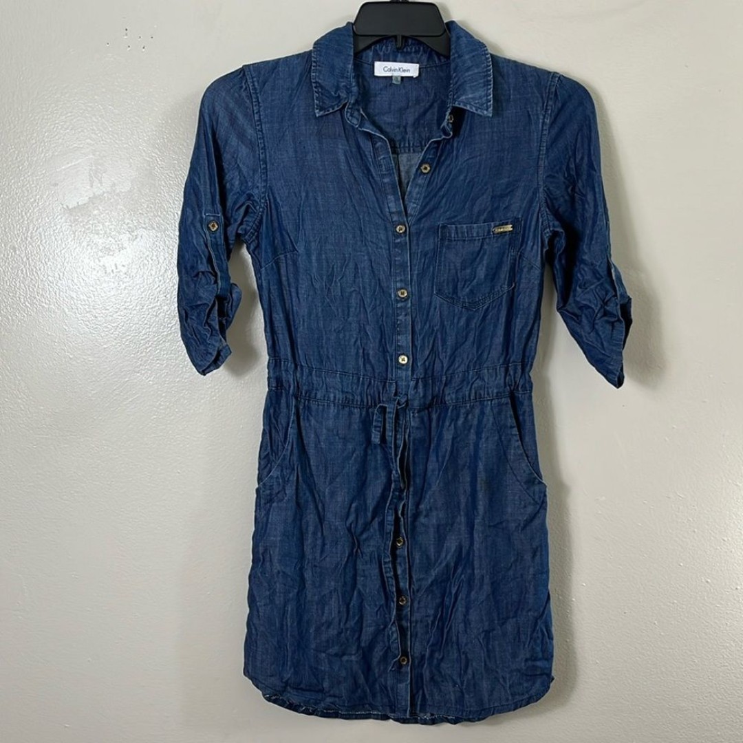 Calvin Klein Blue Shirt Dress Midi Denim Chambray Western Boho Women’s XS
