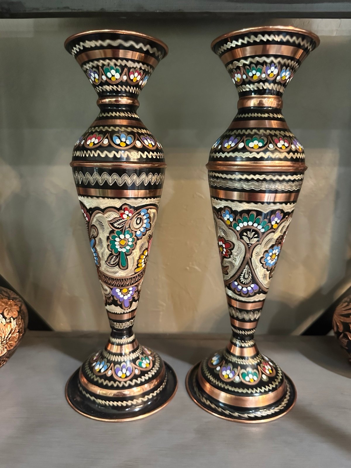 Vintage Handmade engraved pair of copper vase ~11.5”