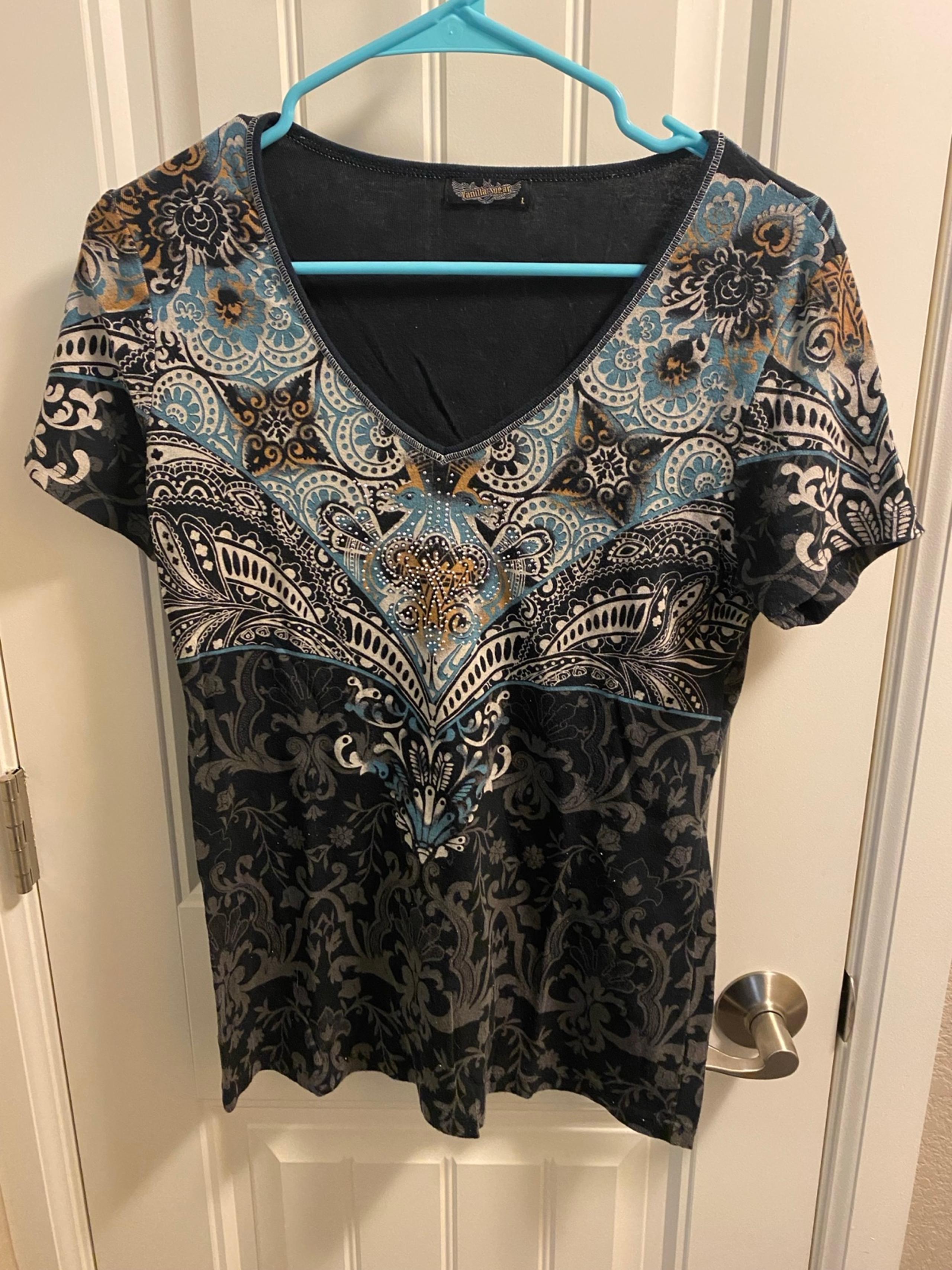 Vanilla Sugar L Top Rhinestone Embellished Shirt Black Blue Large Lg