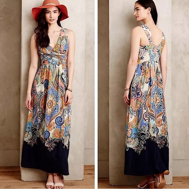 MAEVE Anthropologie Vizcaya Paisley Floral Draped Bodice Flowy Maxi Dress 10