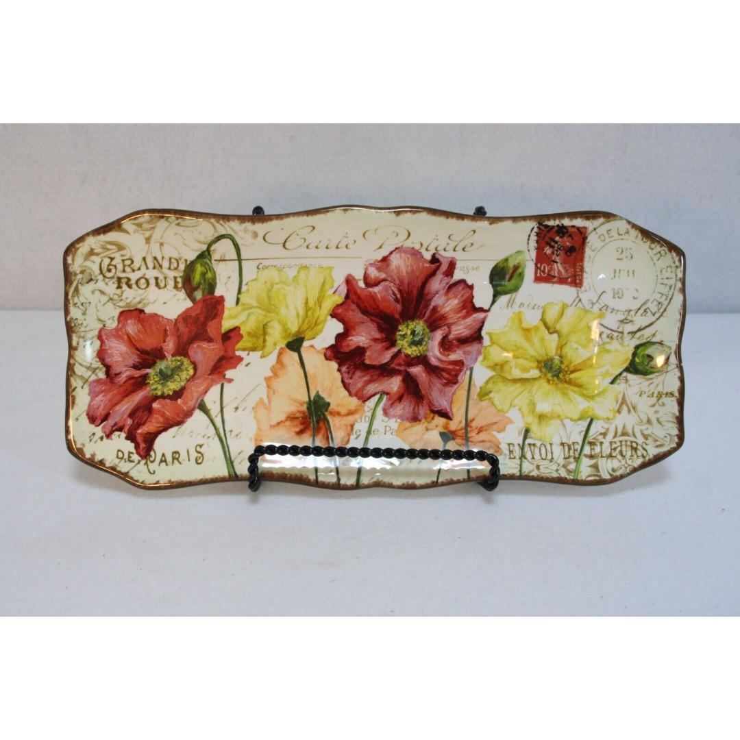 Pier 1 Imports Earthenware Le Fleur Red Yellow Poppies Rectangle Serve Platter