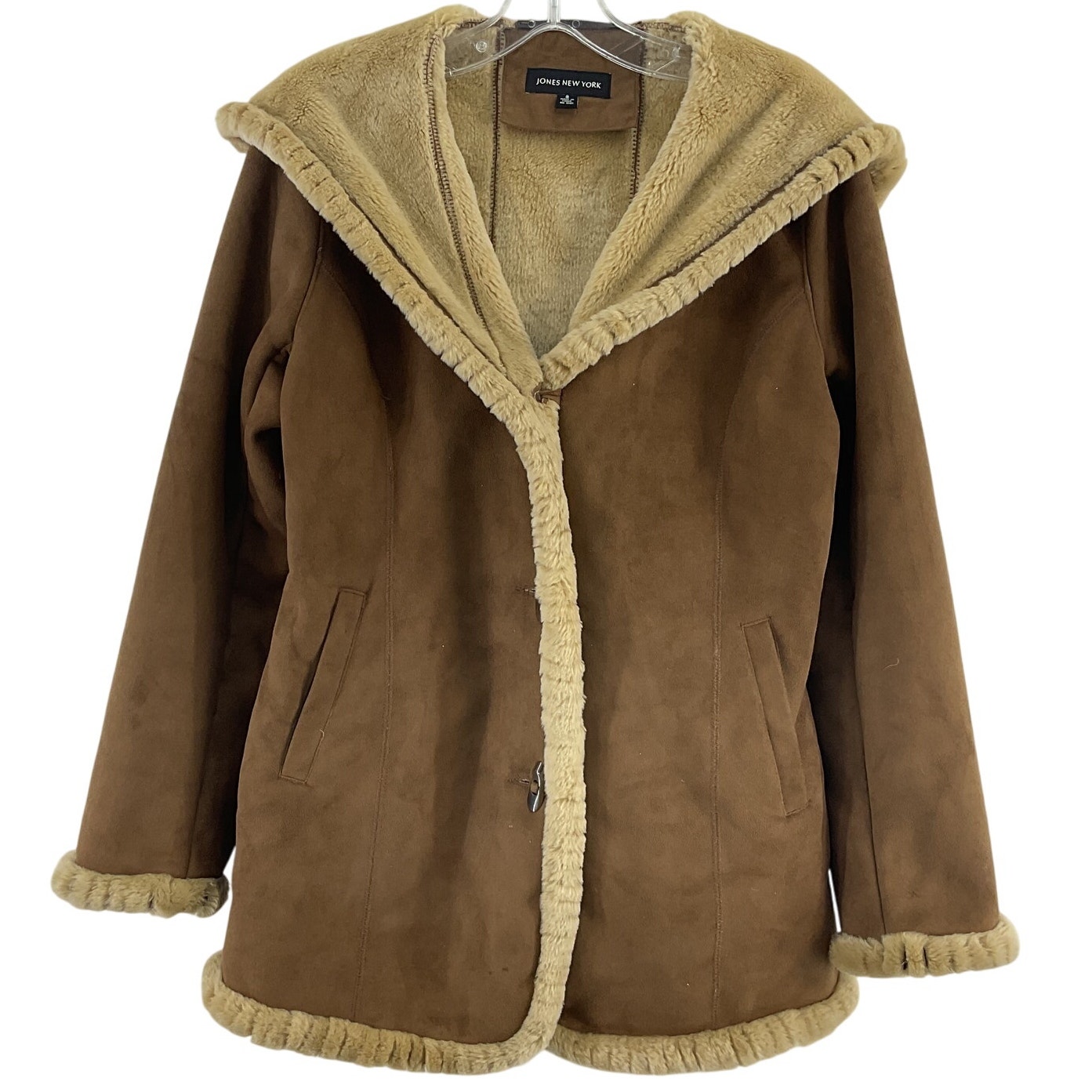 Jones New York Brown Faux Fur Faux Suede Hooded Penny Lane Coat Women’s Small