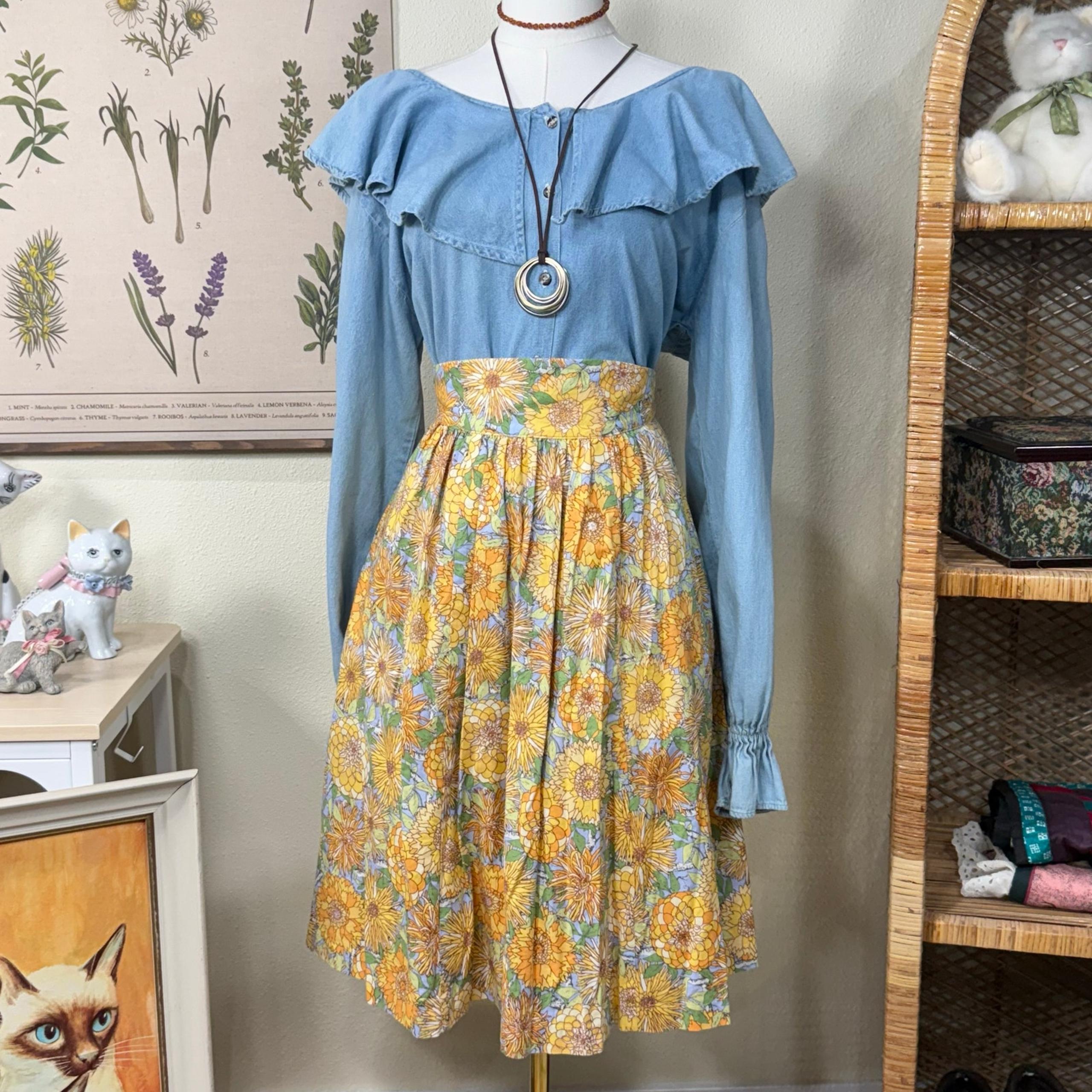 ModCloth Bea & Dot Yellow Blue Floral Skirt Prairie Cottage Mod Retro Twee S