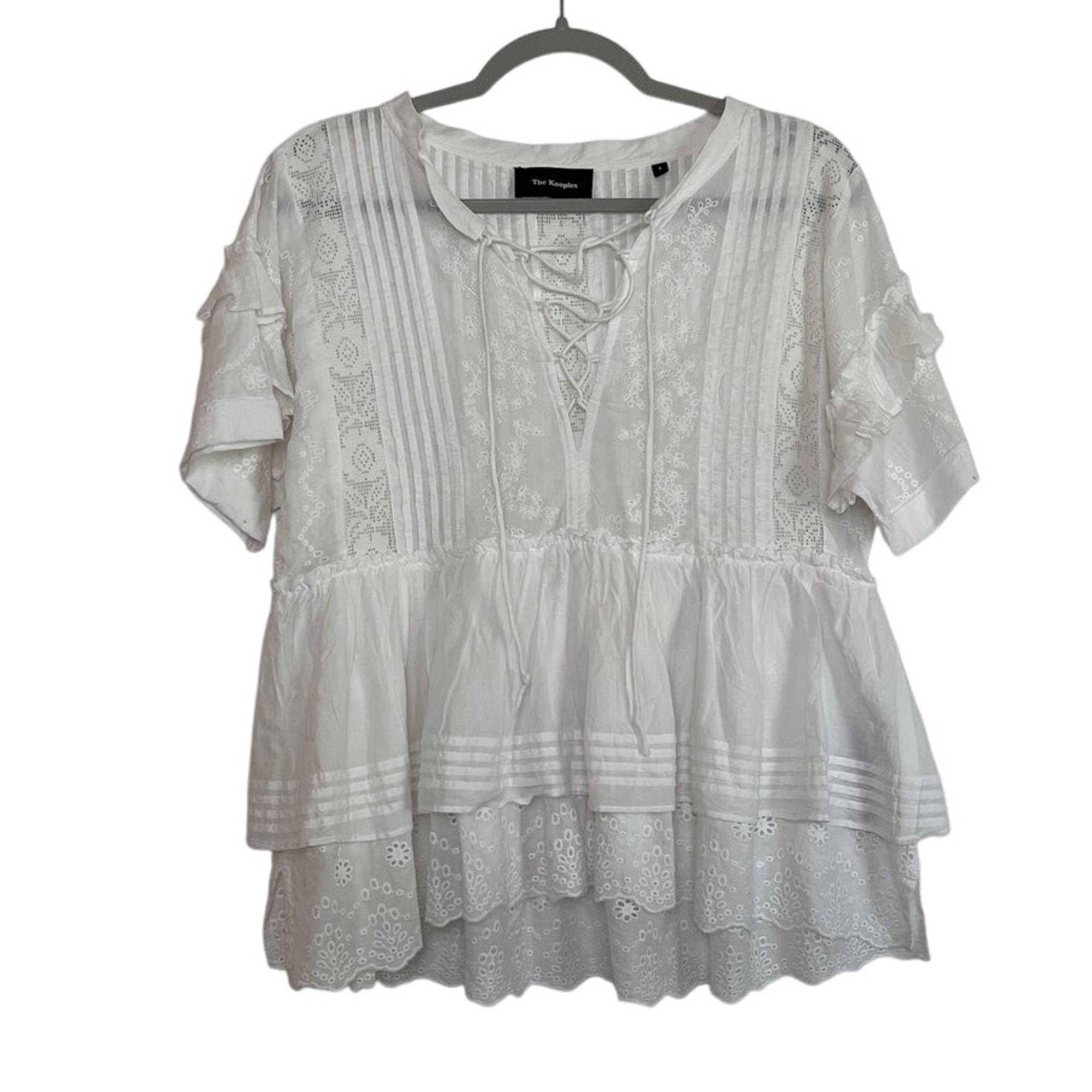 The Kooples Womens White Lace Eyelet Tiered Lace Up Blouse Size Small Peasant