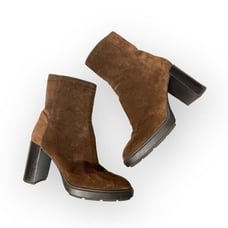 Aquatalia Isla Calf Ankle Brown Suede Block Heel Boots Womens Size 10