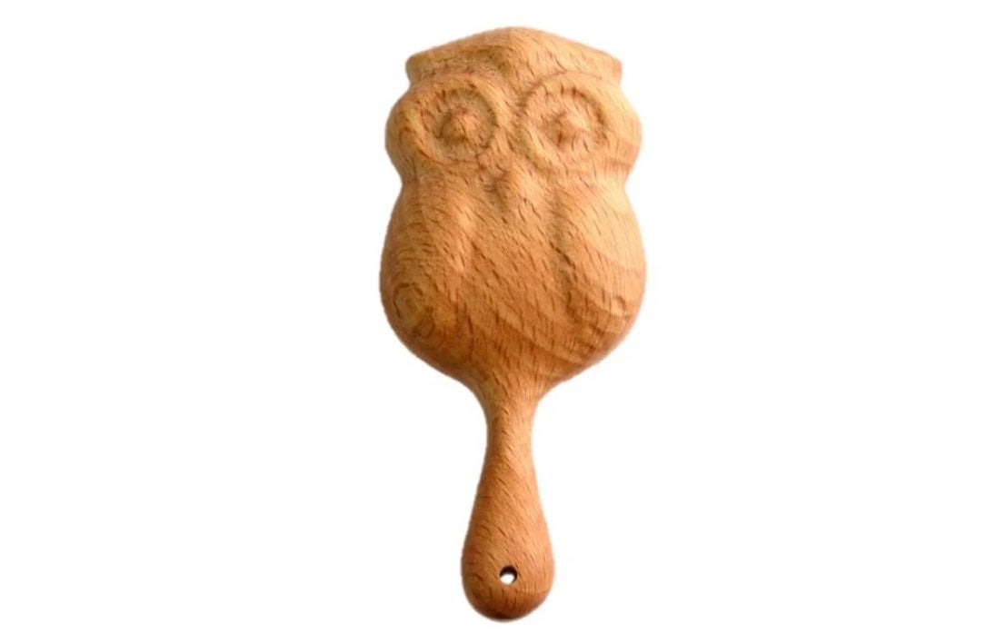 Wooden rattle teether handmade owl