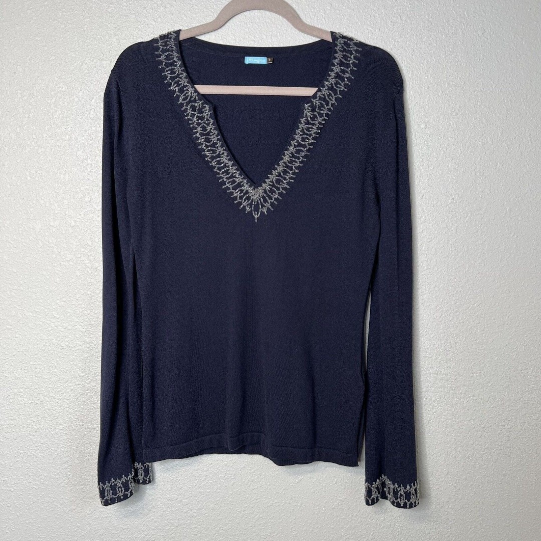 J McLaughlin Small Sweater Shirt Beaded Top Cotton Modal V Neck