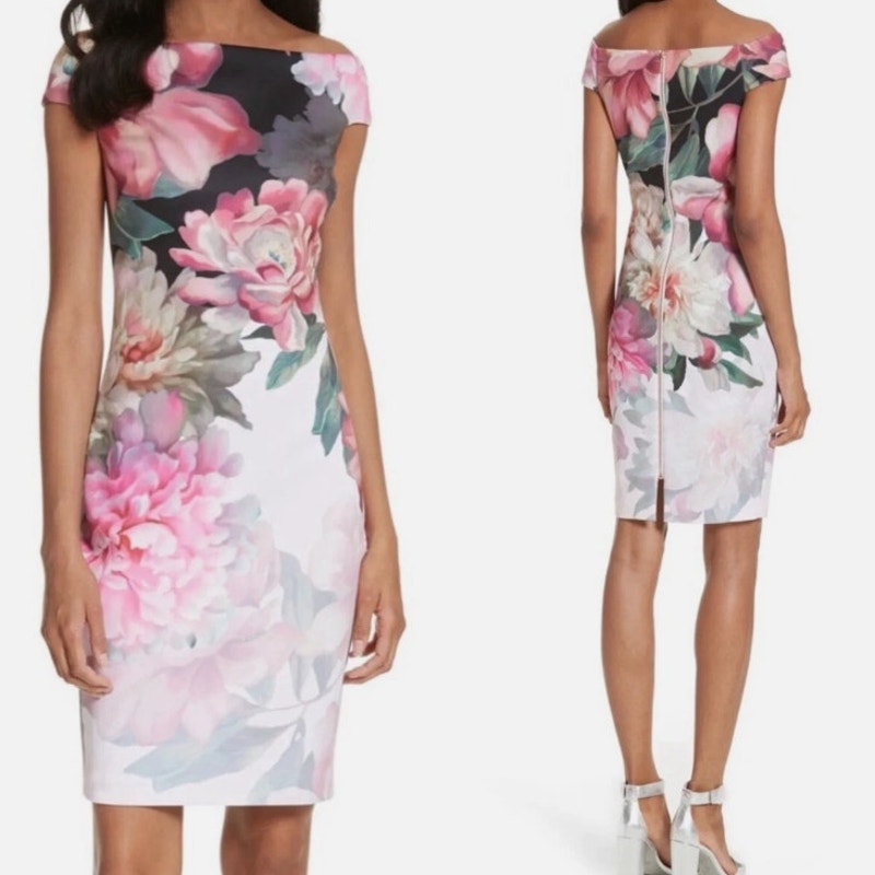 Ted Baker Emly Painted Posie Off-the-Shoulder Floral Pencil Dress Size 4 US 10