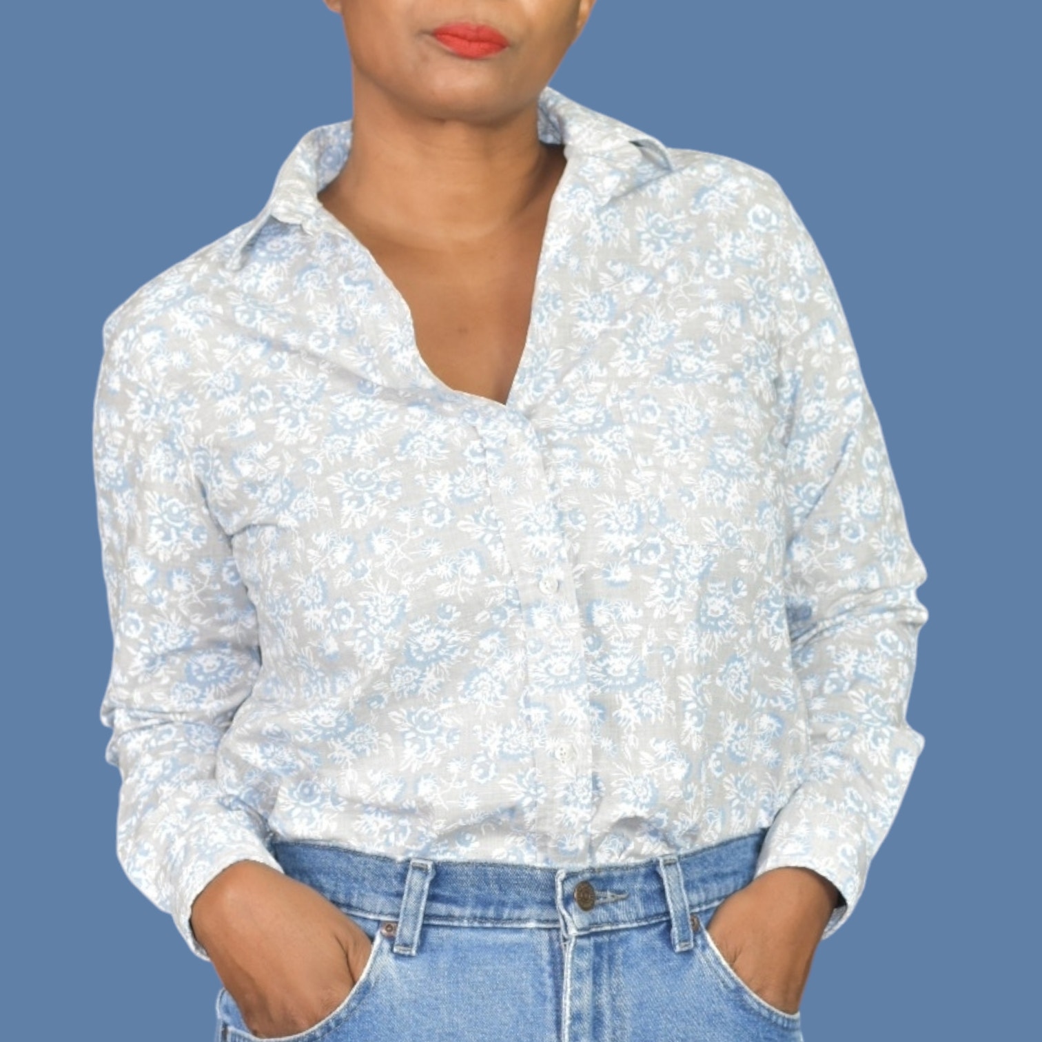 Grayson Hero Shirt Grey Floral Boyfriend Button Front Cotton Tumbled Classic XS