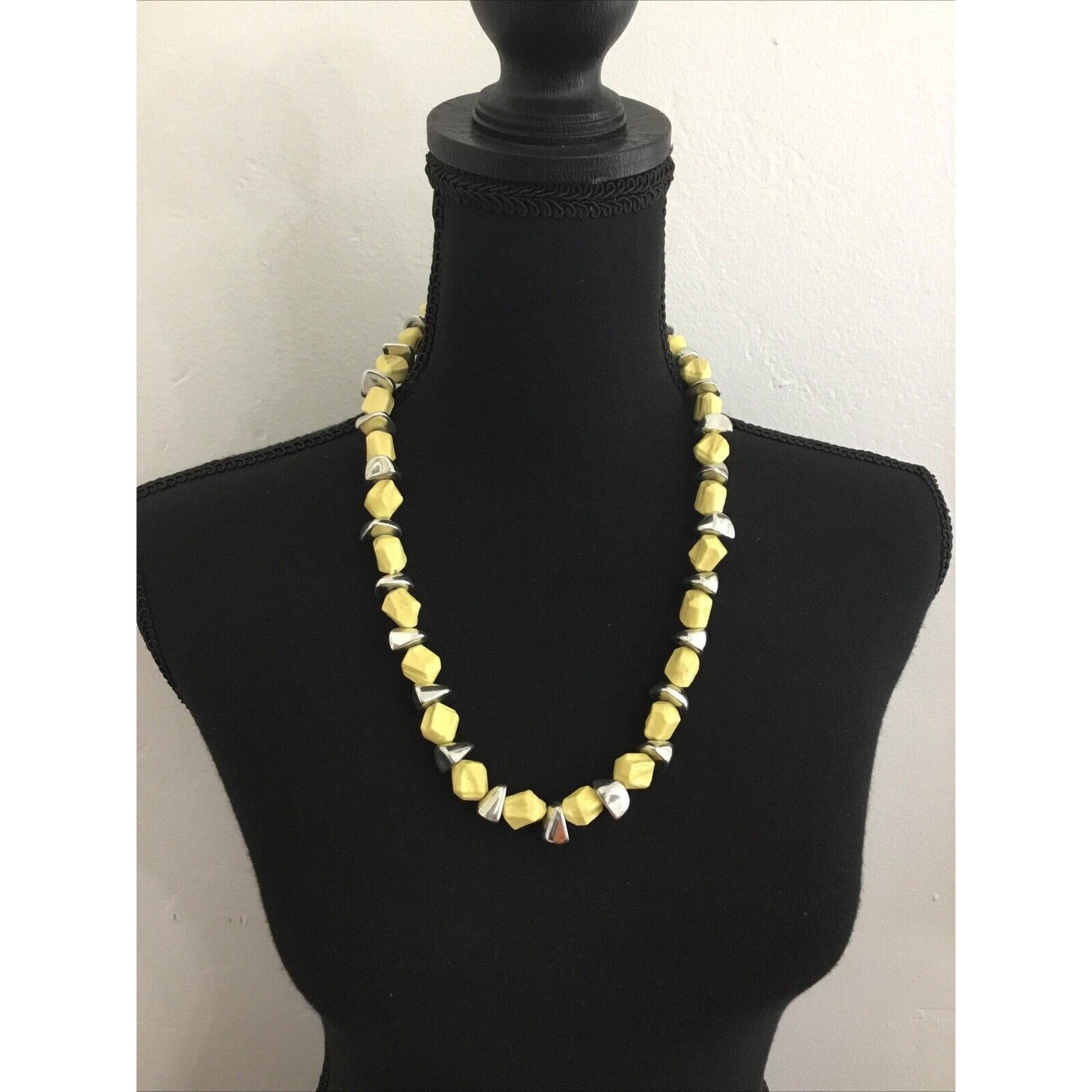 Vintage Pale Yellow & Lucite Chrome Rock Bead Necklace 1950s 60s Retro
