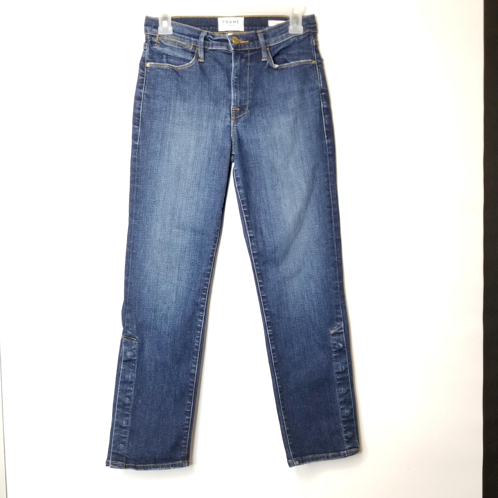 Frame Meribel Women's Le High Straight Leg Snap Buttons Hem Dark Wash Jeans, 27