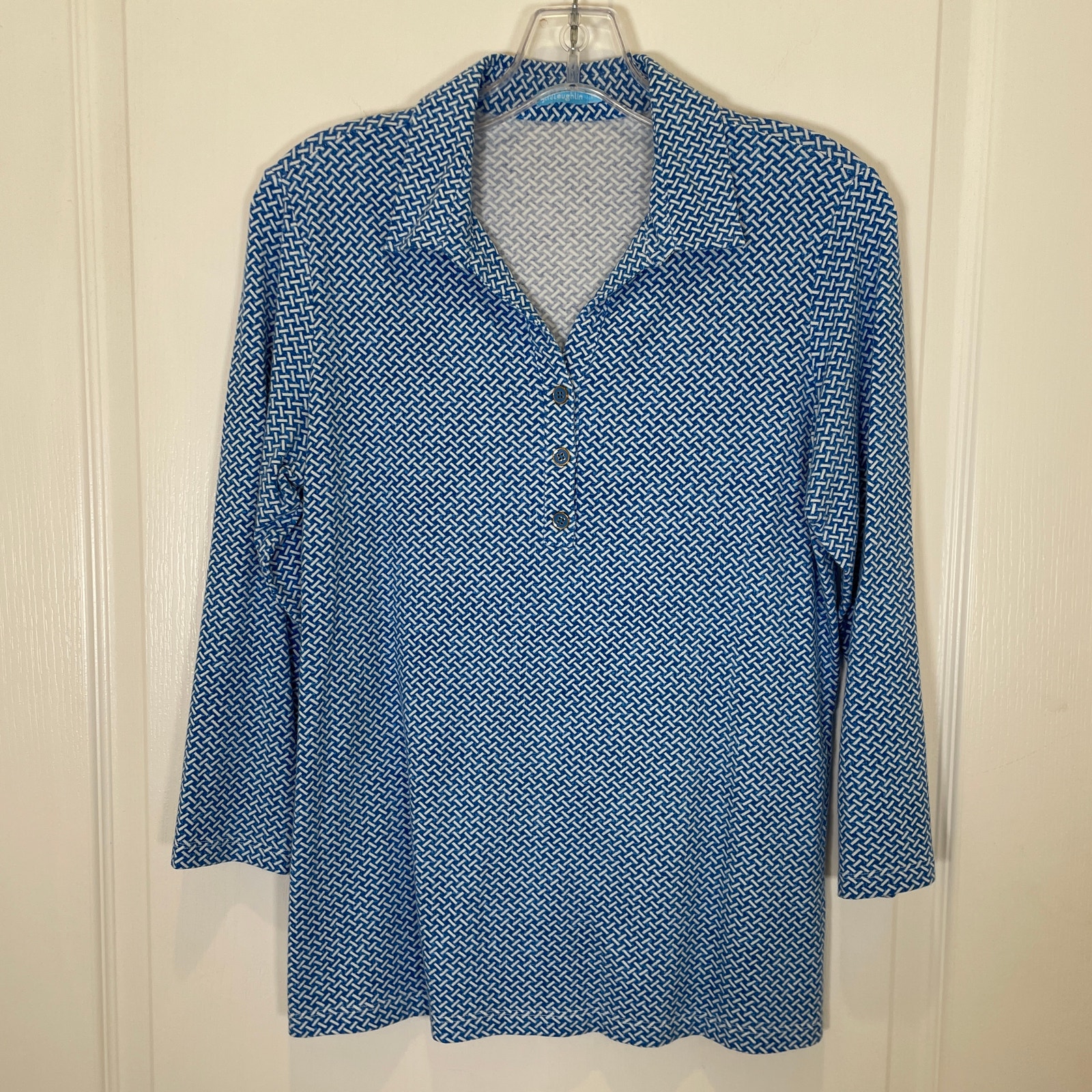 J. McLaughlin Polo Top Blue White Basketweave Print Long Sleeve Cotton Modal M