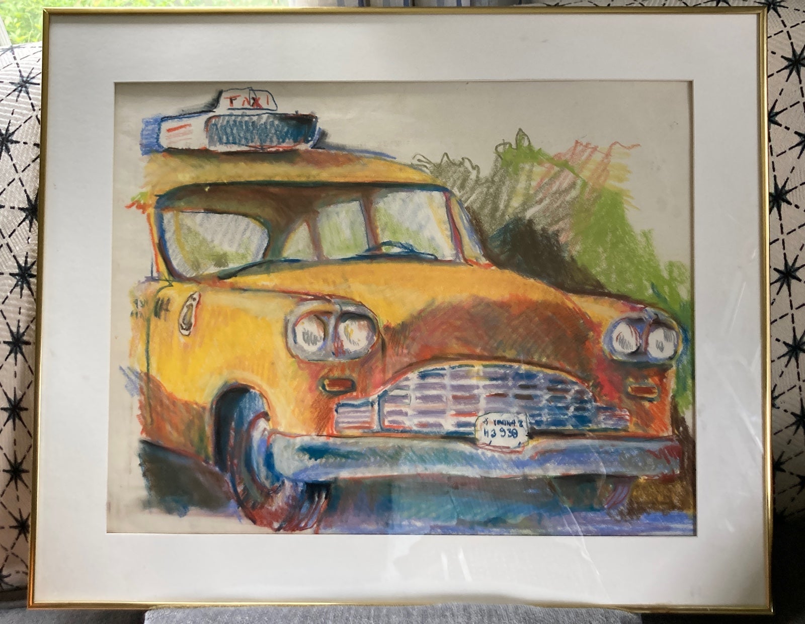 Original chalk and watercolor Big Yellow Cab by local artist, Southern Pines, NC