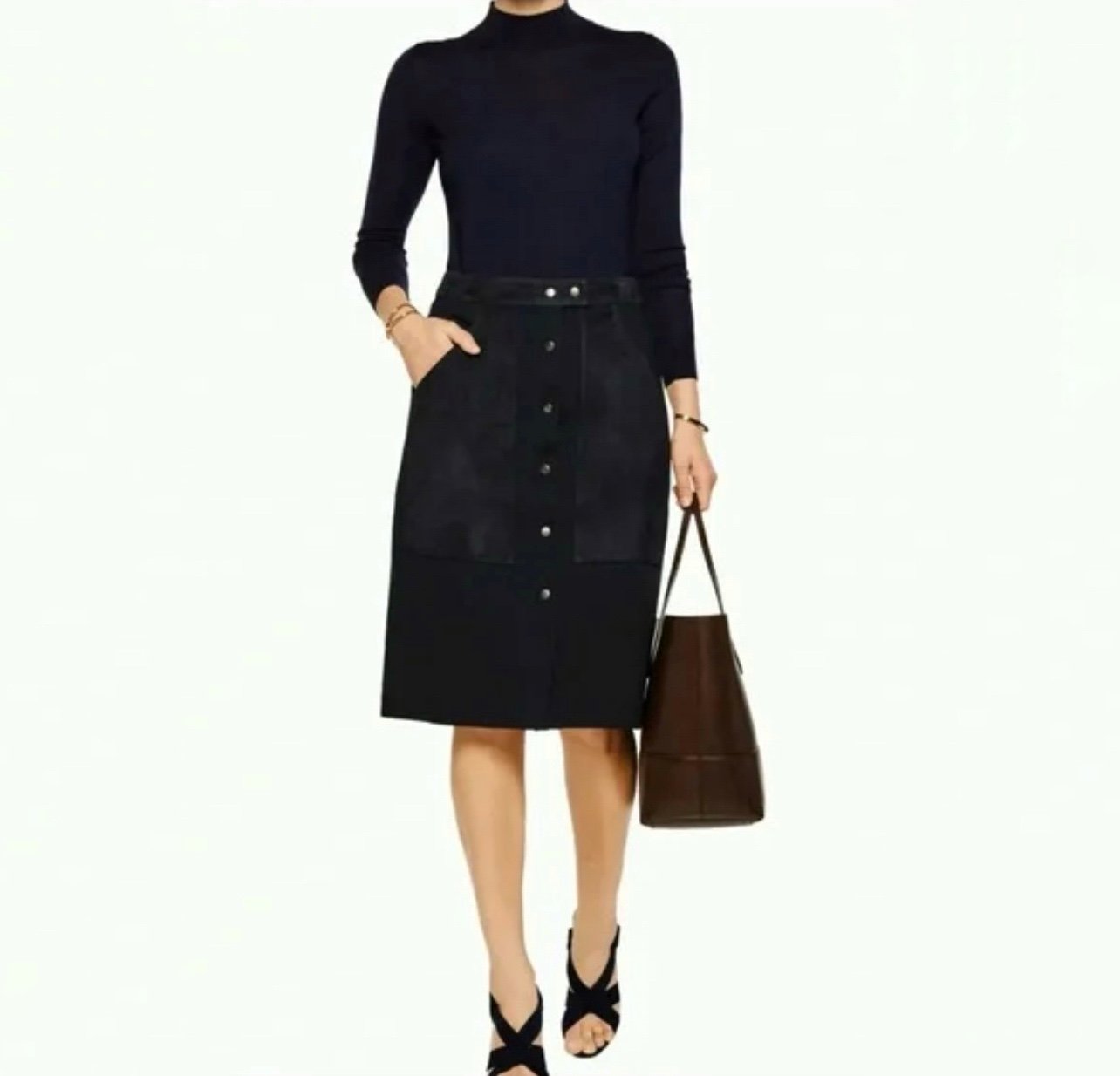 Theory Slyn Black Wool Knit A-line Skirt Deep Suede Patch Pockets Snap Front