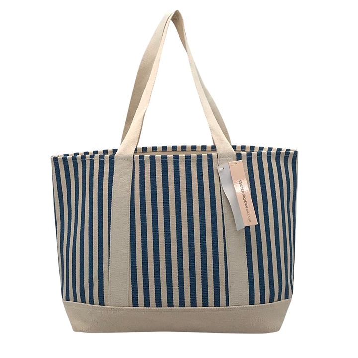 Aqua Blue & White Striped Cotton Canvas Tote Bag - NWT
