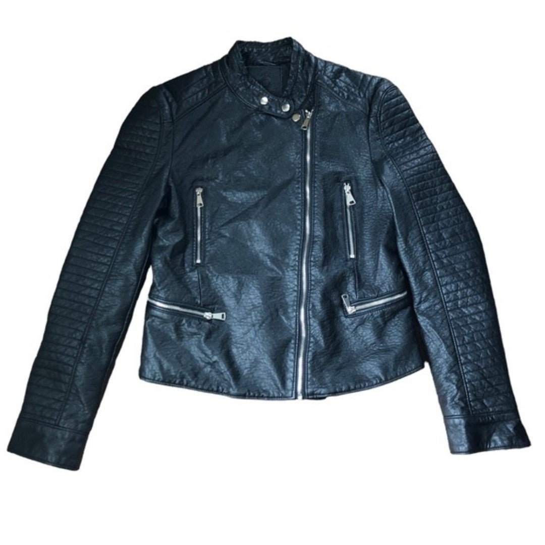 Max Studio Classic Crop Moto Faux LeatherJacket M Full Zip Lined Black Spring