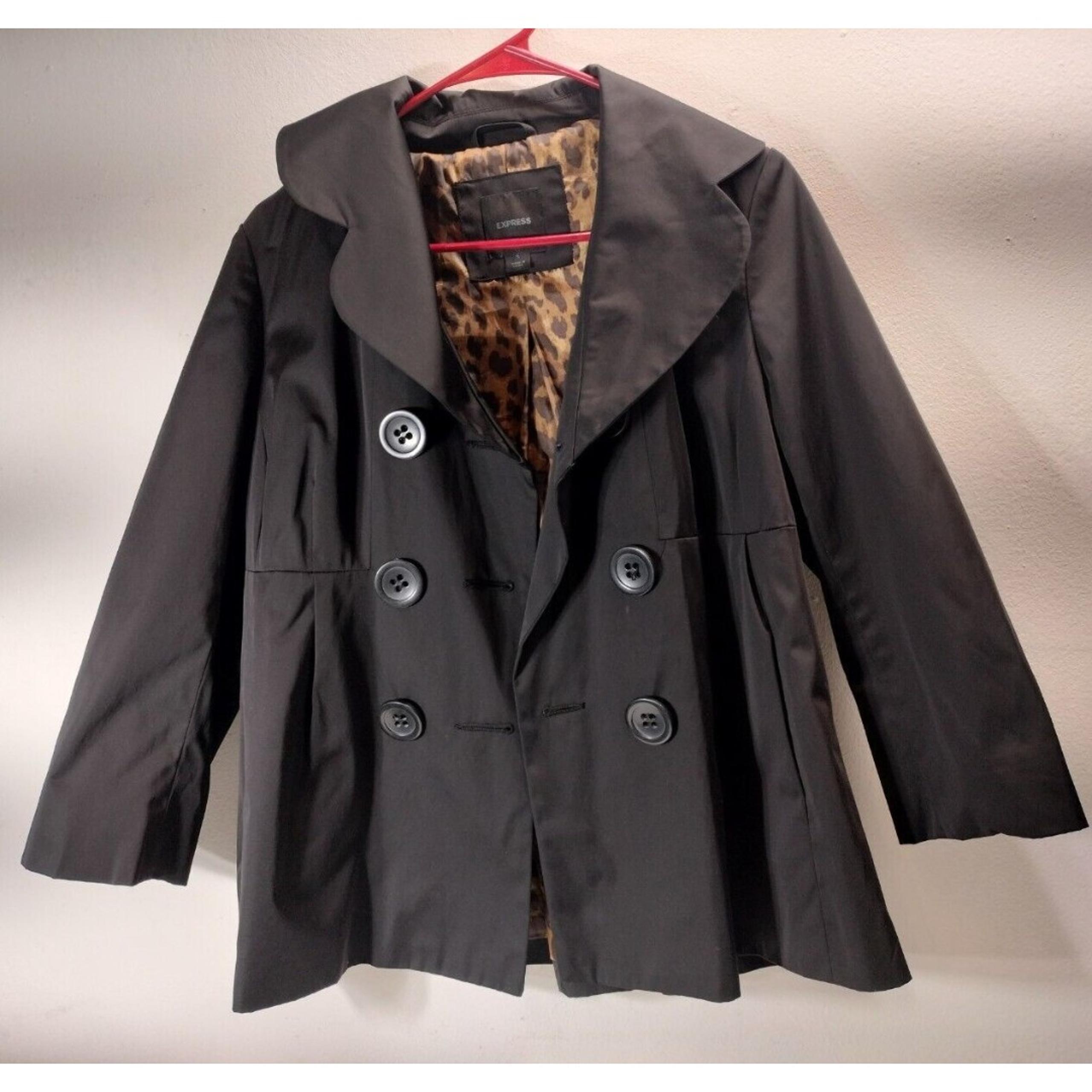 Express Peacoat Lightweight Jacket Womens Size Small Black Leopard Print Lining