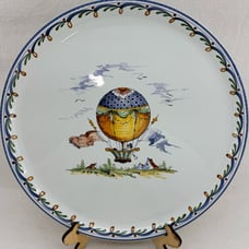 Vintage French Hot Air Balloon Ceramic Plate Rouen France 12.5 Signed A. Augy