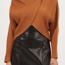 Women's ASTR The Label Rayn Sweater Cropped Overlap Size Medium Camel Brown