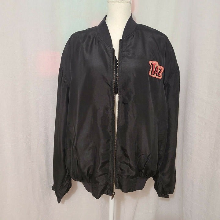 Vintage 90's Looney Tunes Embroidered Bomber Silk Taz Jacket Black XL