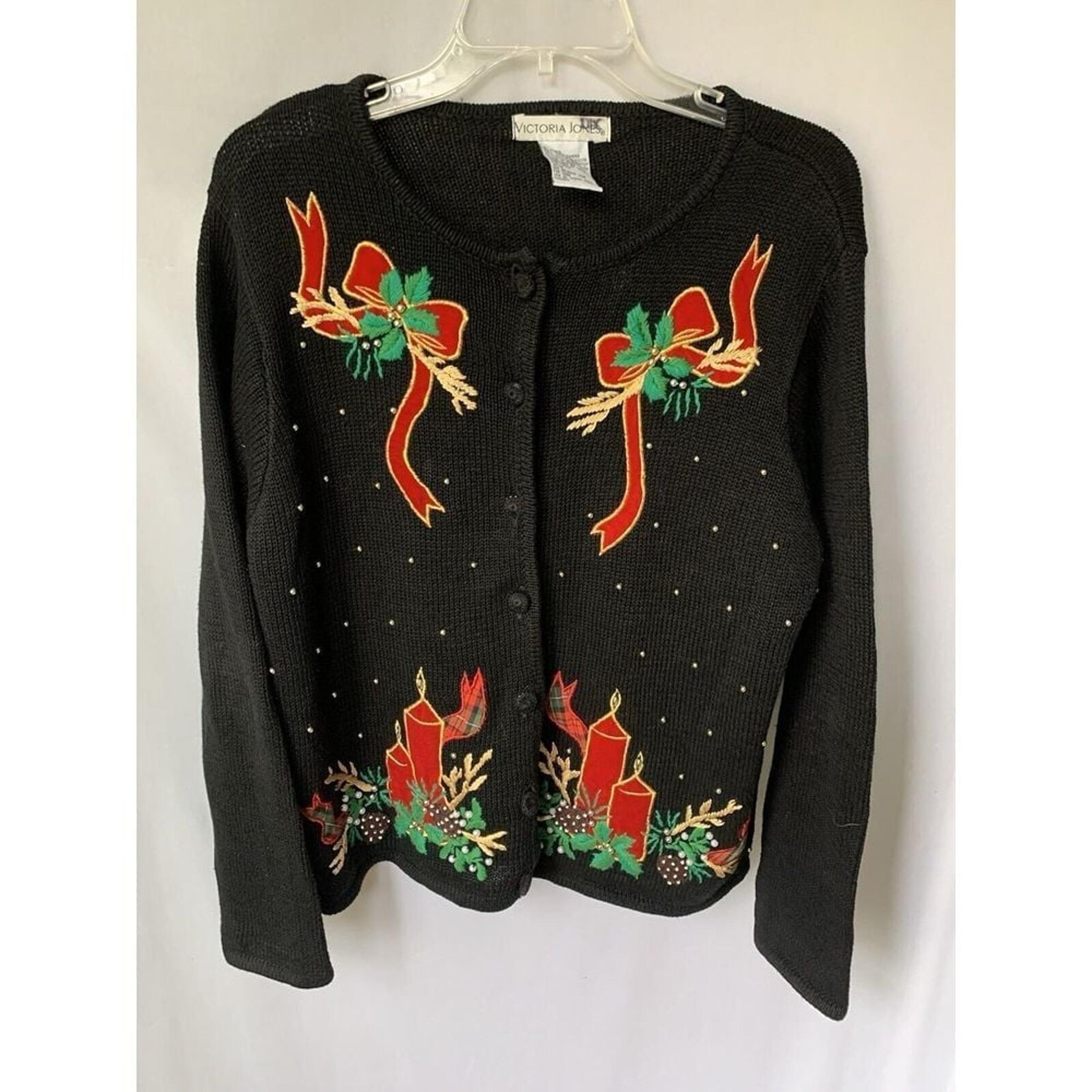 Women's M Vintage Ugly Christmas Sweater Candles Bows Victoria Jones Embroidered