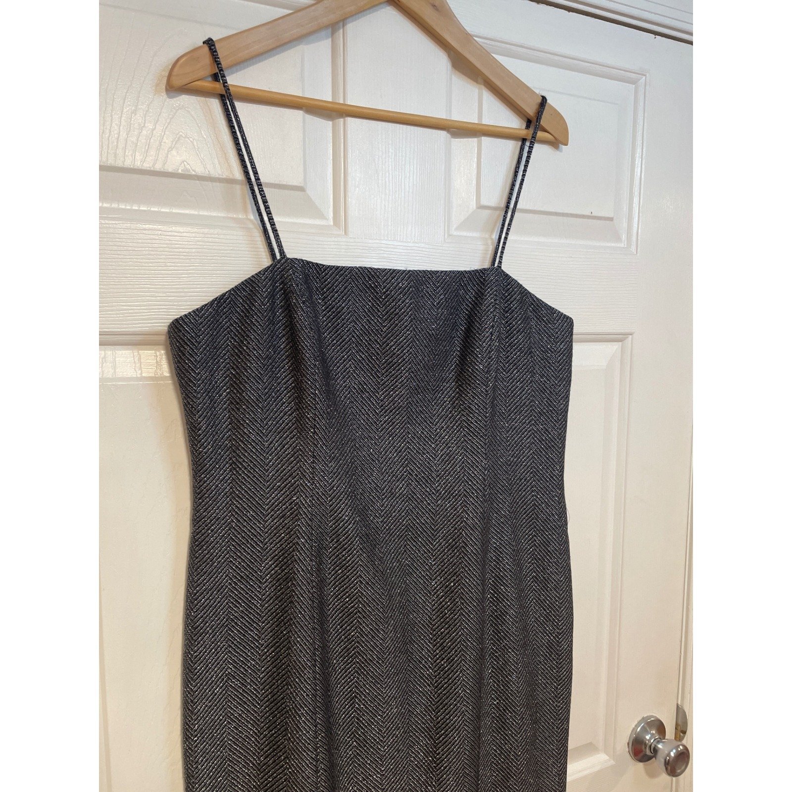 Vintage Metallic Herringbone Strappy Wool Silk Party Cocktail Dress 12 Nahdrée