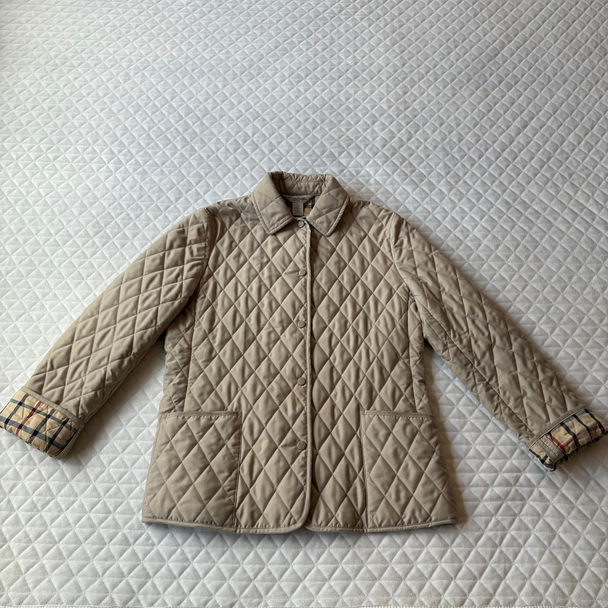 Brook Brothers Dimond Quilt Jacket Women’s 12 Tan Plaid Chore Coat Button Snap