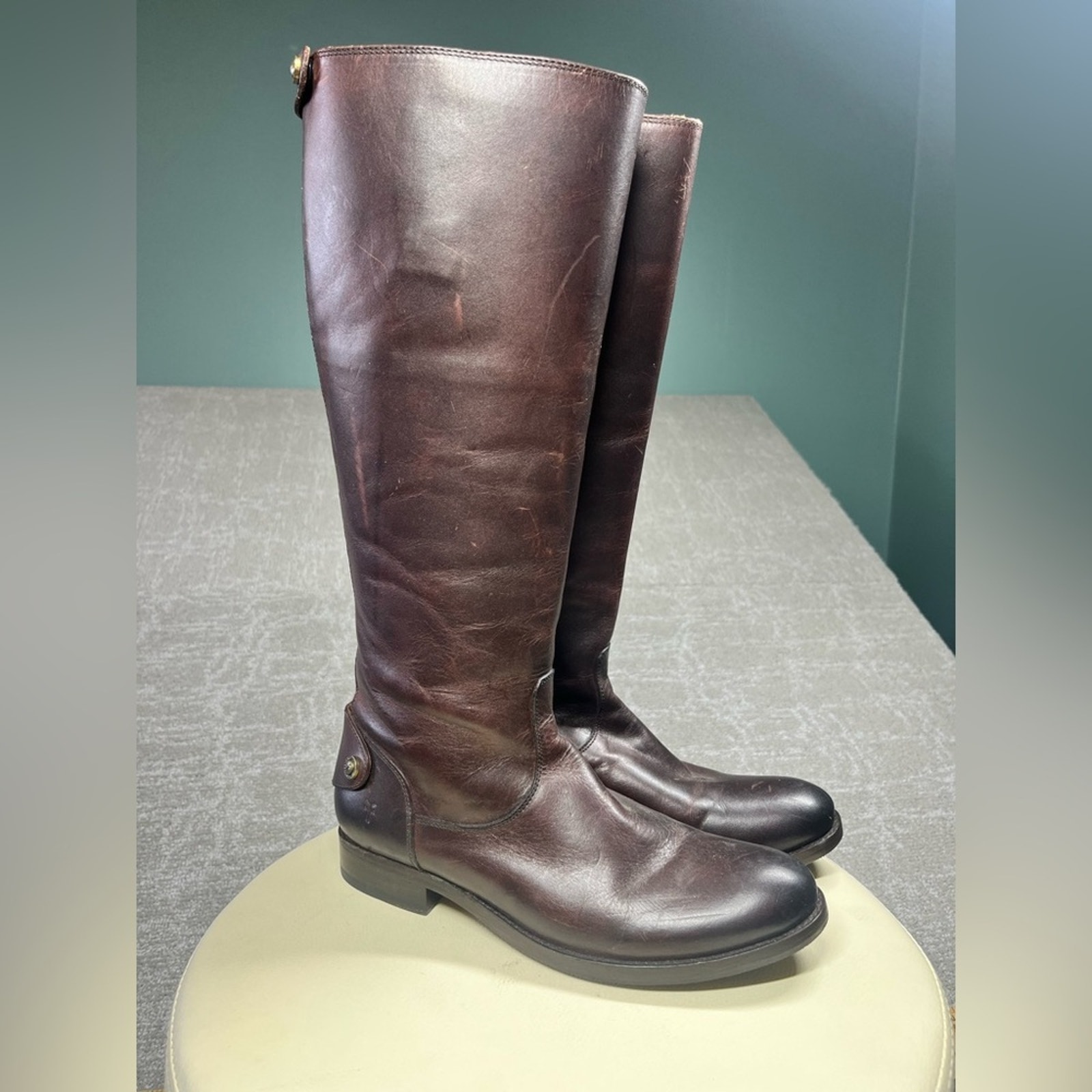FRYE Women's Melissa Button Back Zip Brown Tall Riding Boot Size 7.5B