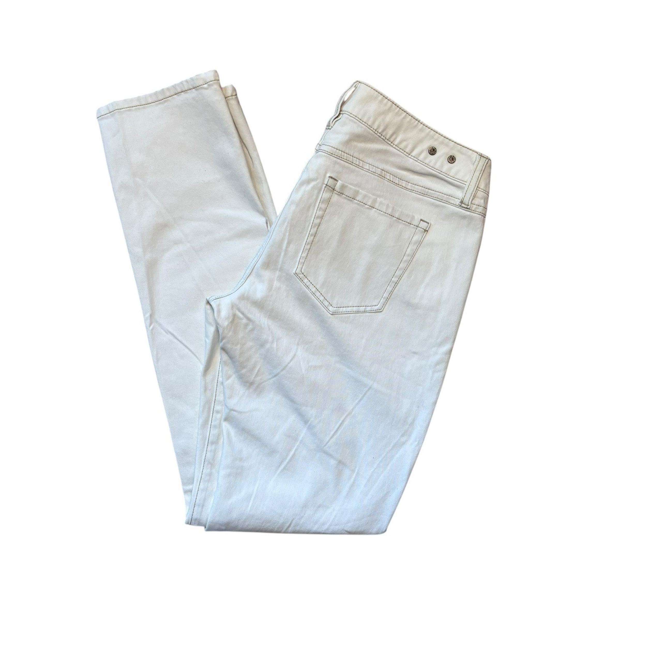 CAbi Style #5089 Antique White Distressed Slim Boyfriend Jeans Size 4