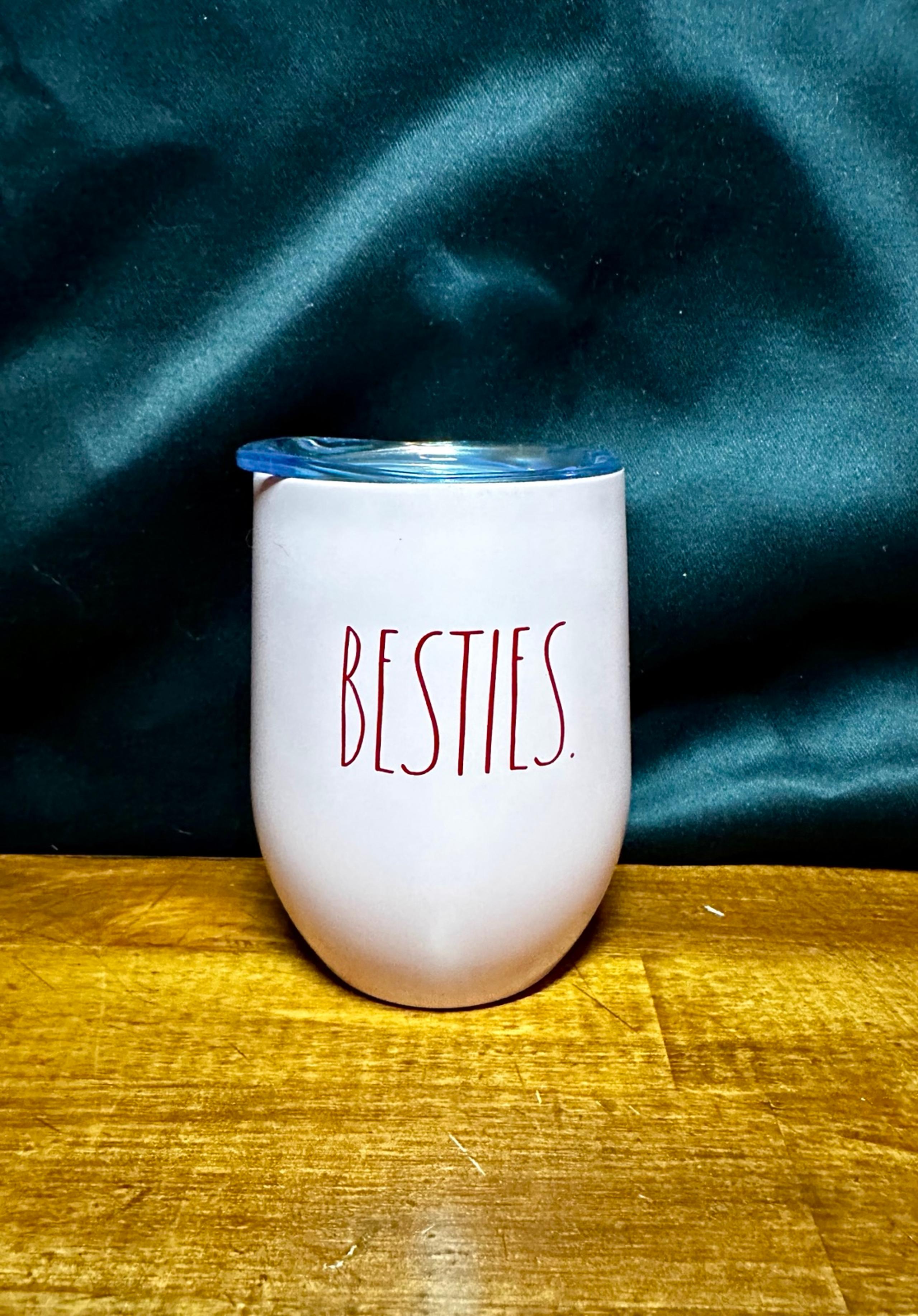 Rae Dunn "Besties" Pink Metal Stemless Wine Tumbler/Wine Cup with Lid