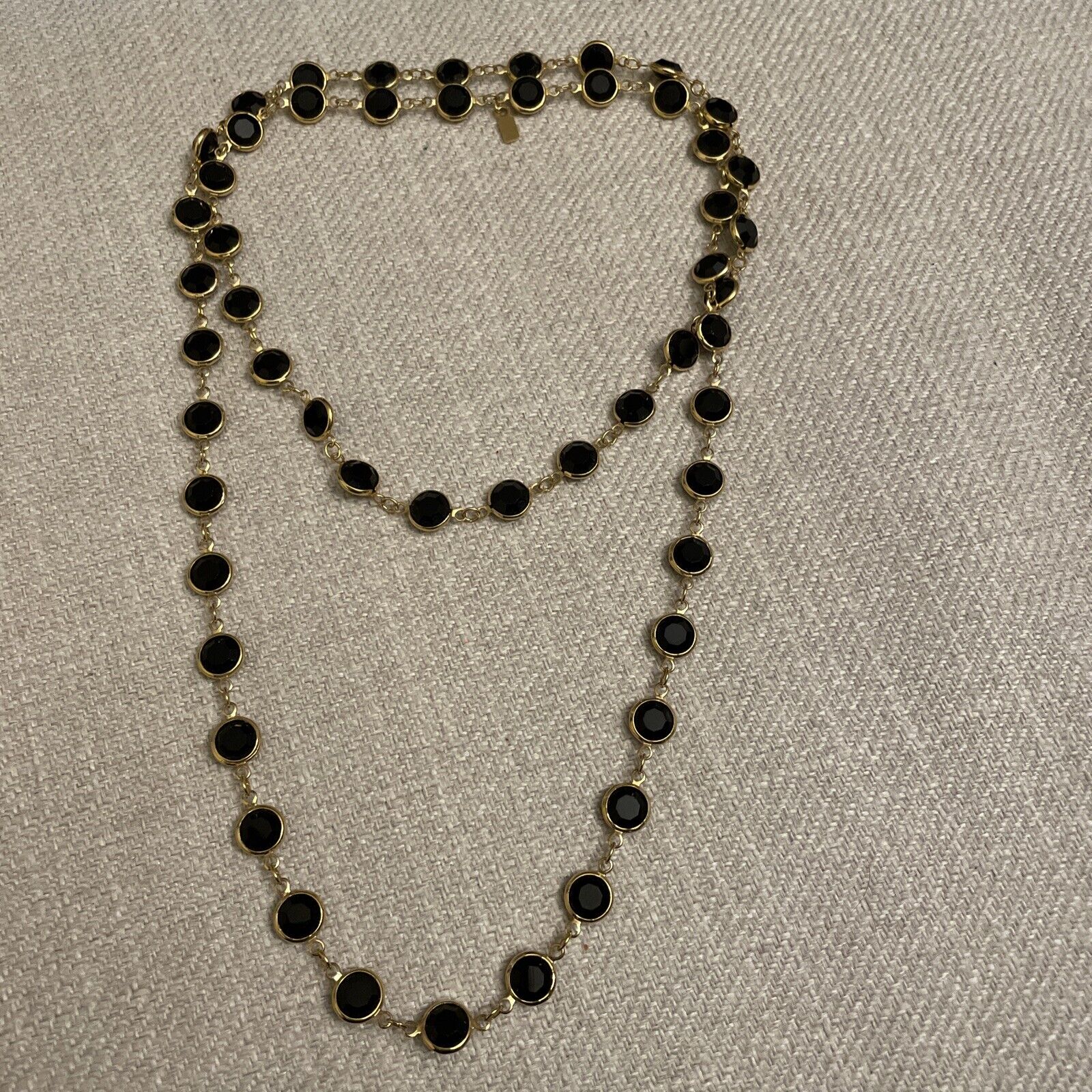 Swarovski Crystal Necklace Open Bezel Black Gold Tone Long Swan Signed 80s 35”