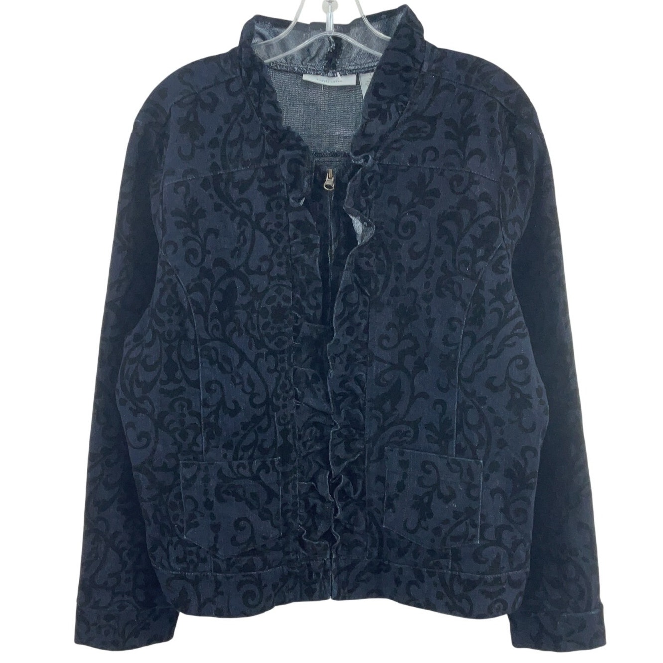 Tantrums Blue/Black Denim Velvet Ruffled Zip-Up Jacket Cotton Blend Women’s L