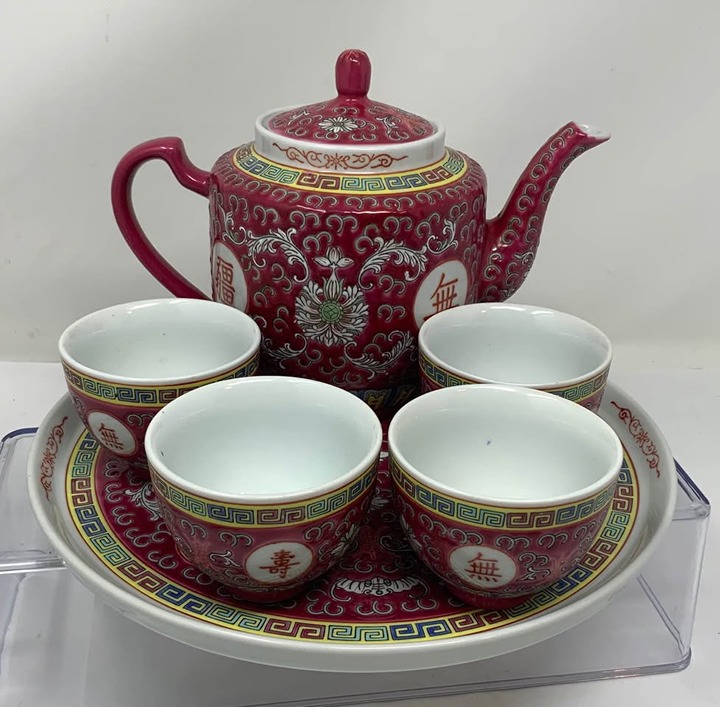 CHINESE FAMILLE ROSE JINGDEZHEN MUN SHOU LONGEVITY 4 TEACUP SET /W TEAPOT & TRAY