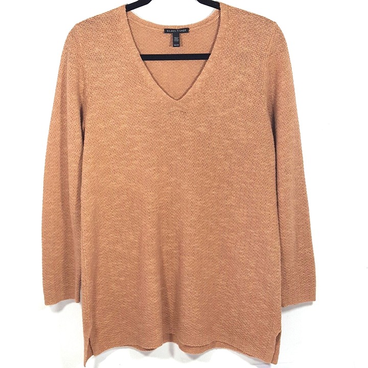 Eileen Fisher Womens Linen Sweater Tan V Neck Long Sleeve Casual M Medium
