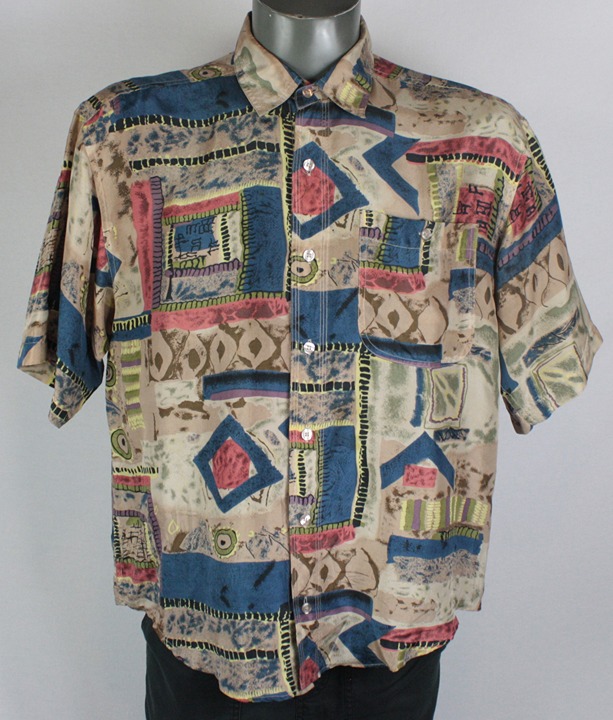 Vintage 80s 90s Abstract All Over Print 100% Silk Button Up Shirt L nu wave