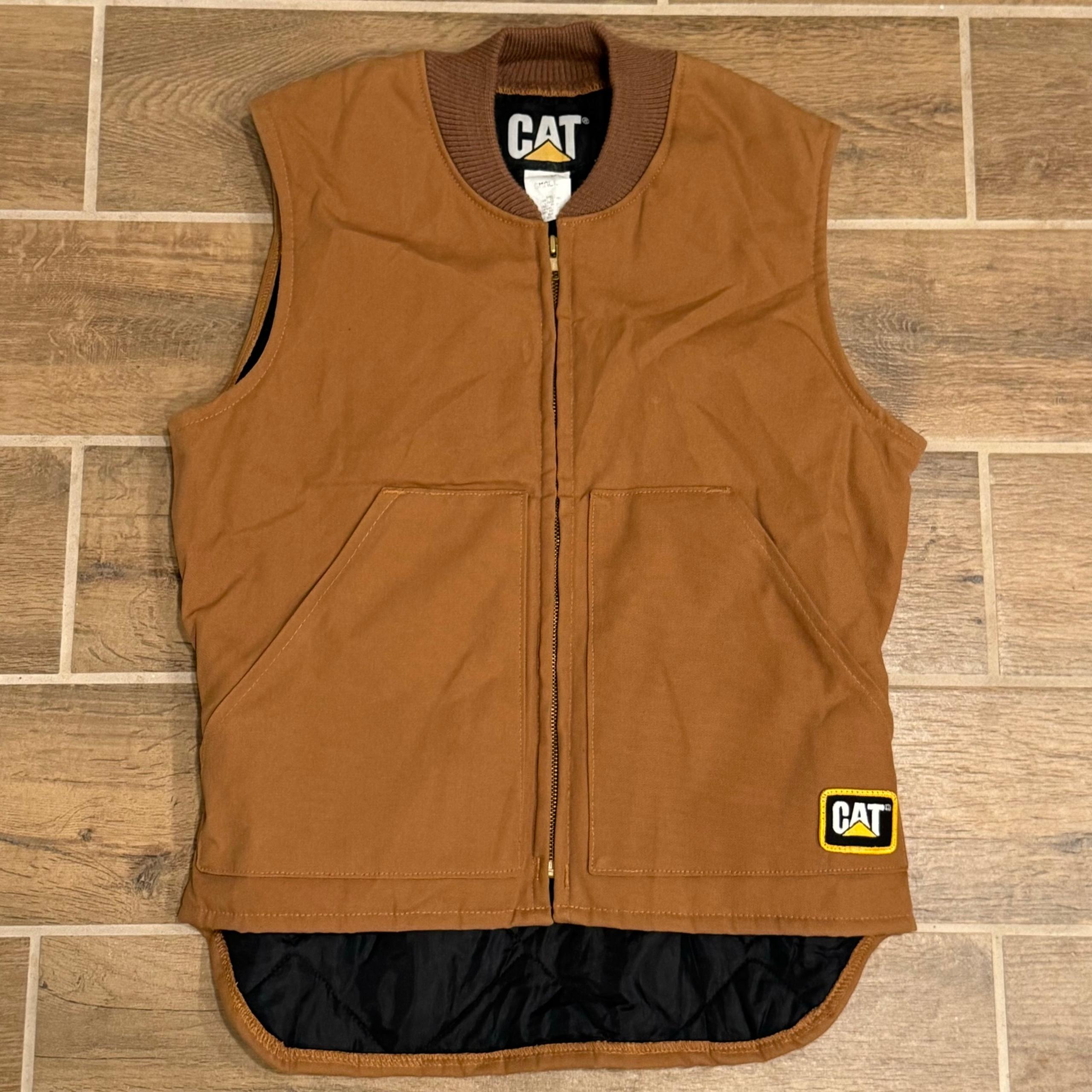 Vintage Cat Caterpillar Quilted Tan Brown Work Vest Men’s Size Small Made In USA